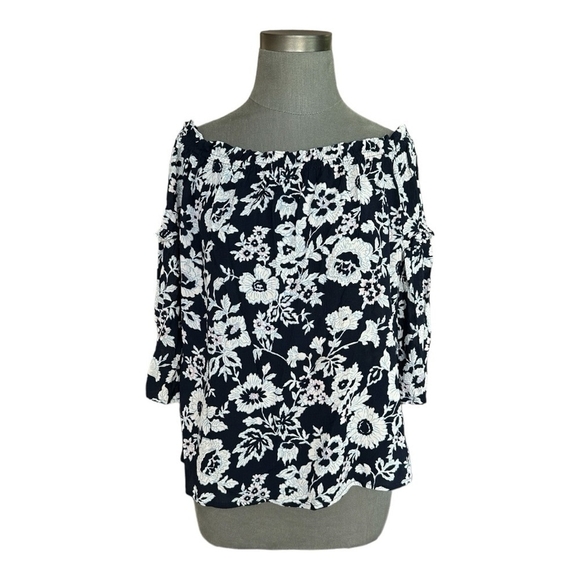 LOFT Navy Blue Floral Print Off Shoulder Blouse Bell Sleeve Ruffled Women’s Top - Picture 2 of 6